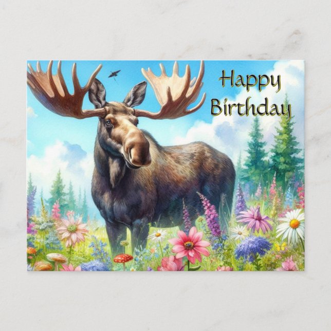 Happy Birthday Bull Elch und Wildblumen Postkarte (Vorderseite)