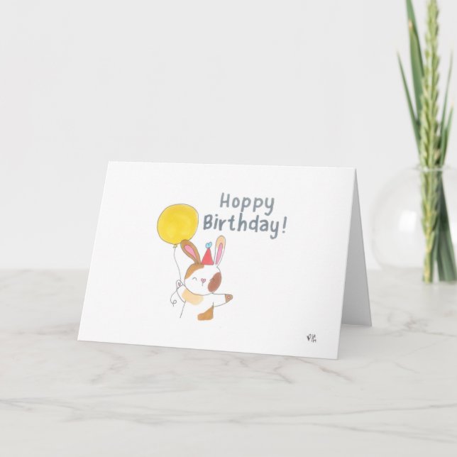 Happy Birthday Bunny and Yellow Balloon Card Dankeskarte (Vorderseite)