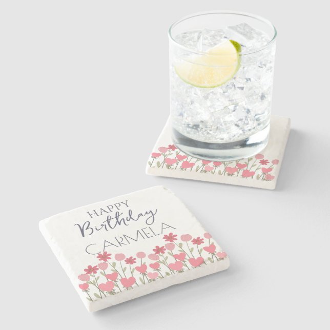 Happy Birthday Bunte Blume und Herz Party Steinuntersetzer (Seitenansicht)