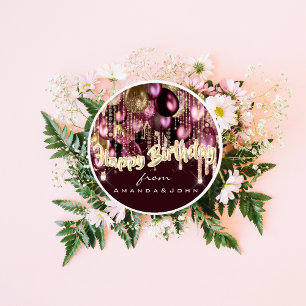 Happy Birthday Burgundy Tropfens Gold Balloon Mars Runder Aufkleber