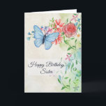 Happy Birthday, Butterfly and Flowers Karte<br><div class="desc">This pretty birthday card has a watercolor look. Wir haben die Upper Left's. It is hovering over flowers which include a pink rose, daisies und blue flowers. There are are light leaves and pretty twining vines as well. All of the text can be change to suit. Other birthday cards and...</div>