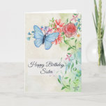 Happy Birthday, Butterfly and Flowers Karte<br><div class="desc">This pretty birthday card has a watercolor look. Wir haben die Upper Left's. It is hovering over flowers which include a pink rose, daisies und blue flowers. There are are light leaves and pretty twining vines as well. All of the text can be change to suit. Other birthday cards and...</div>