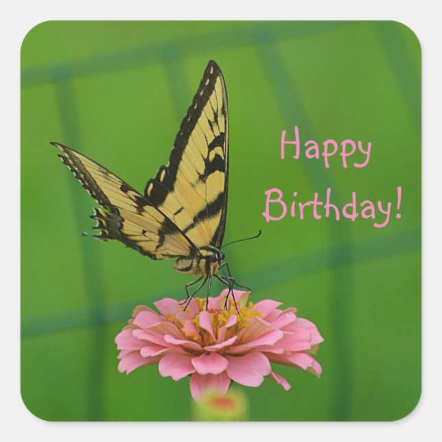 Happy Birthday Butterfly Garden Quadratischer Aufkleber (Vorderseite)