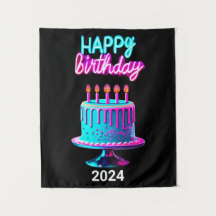 Happy Birthday Cake 2024 Bday Party Custom Neon Wandteppich