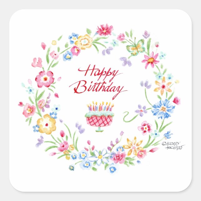 Happy Birthday Cake Meadow Blume Wreath Stickers (Vorderseite)