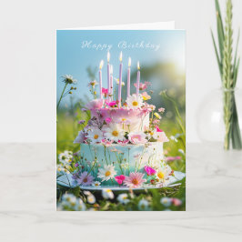 Happy Birthday Cake Pink Candles Frühlingsblumen Karte