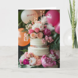 Happy Birthday Cake Pink Peonies Roses Feathers  Karte