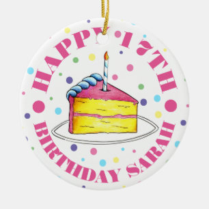 Happy Birthday Cake Slice Candle Pastel Polka Dots Keramik Ornament