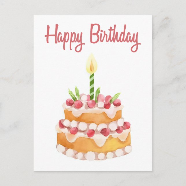 Happy Birthday Cake | Wasserfarbe Erdbeere Postkarte (Vorderseite)