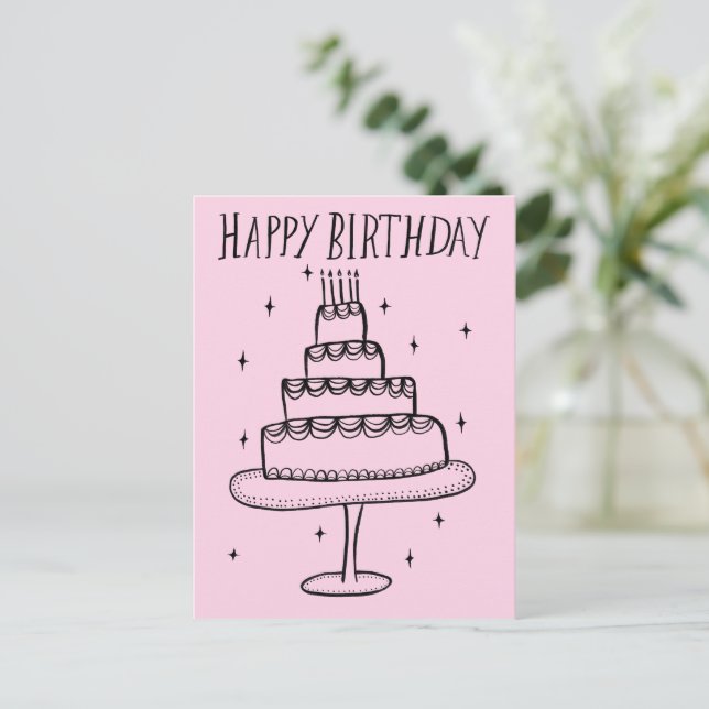 Happy Birthday Cake Whimsical Sketch Doodle Postkarte (Stehend Vorderseite)