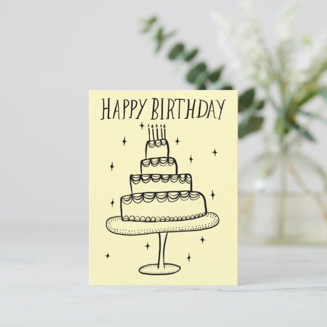 Happy Birthday Cake Whimsical Sketch Doodle Postkarte (Stehend Vorderseite)
