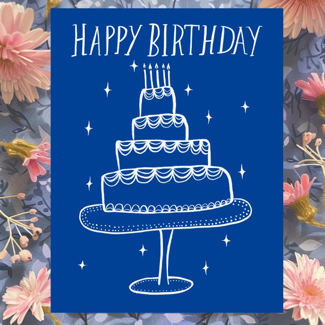 Happy Birthday Cake Whimsical Sketch Doodle Postkarte (Happy Birthday Cake Whimsical Sketch Doodle Blue White Postcard
)