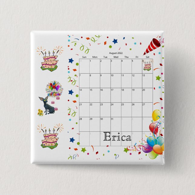 Happy Birthday Calendar August 2022 Schaltfläche Button (Vorderseite)