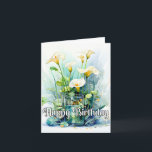 Happy Birthday Calla Lilies Blume Karte<br><div class="desc">Diese einmalige Geburtstagskarte bietet einige perkle Blume der Calla Lilie in einem Holzwagen. Bitte passen Sie alle verfügbaren Optionen an, wie Sie möchten.</div>