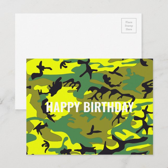 Happy Birthday Camouflage Yellow Green Abstrakt Postkarte (Vorne/Hinten)