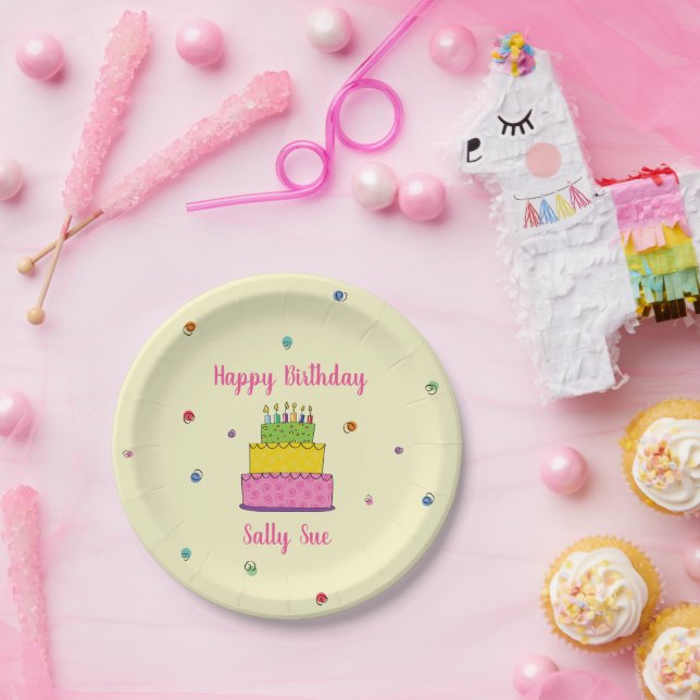Happy Birthday Candle Colorful Cake Confetti Party Pappteller (Party)