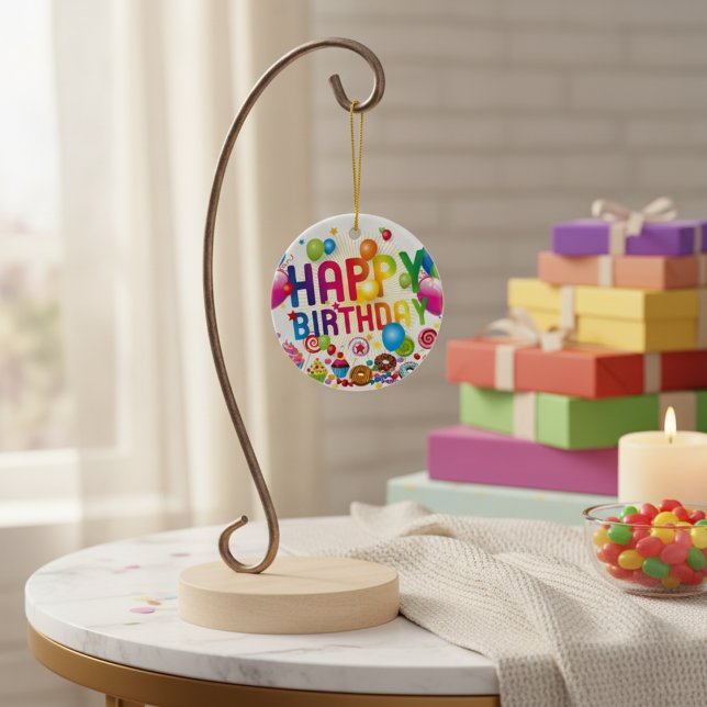 Happy Birthday Candy und Balloons Keramik Ornament (Happy Birthday Candy and Balloons Ceramic Ornament)