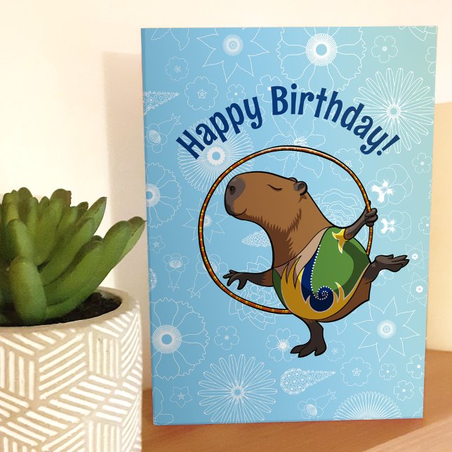 Happy Birthday! Capybara Gymnast With Hoop Cartoon Karte (Von Creator hochgeladen)