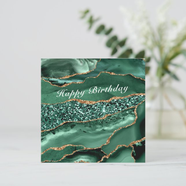 Happy Birthday Card Agate Green Gold Marmor (Stehend Vorderseite)