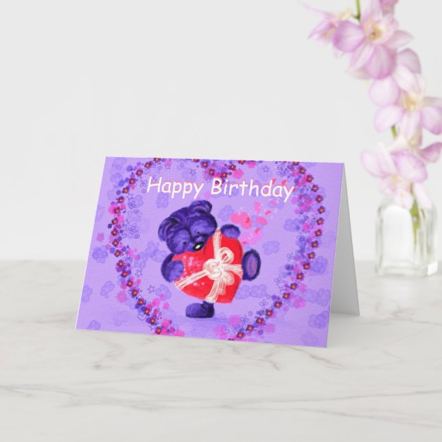 Happy Birthday Card Baby Bear mit Herzgeschenk Karte (Orchidee)