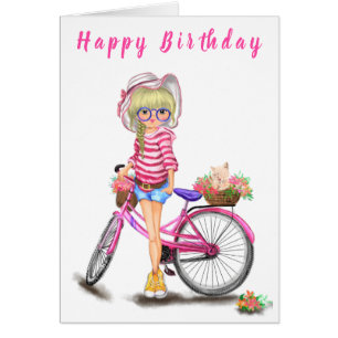Happy Birthday Card Blonde Girl mit rosa Bike