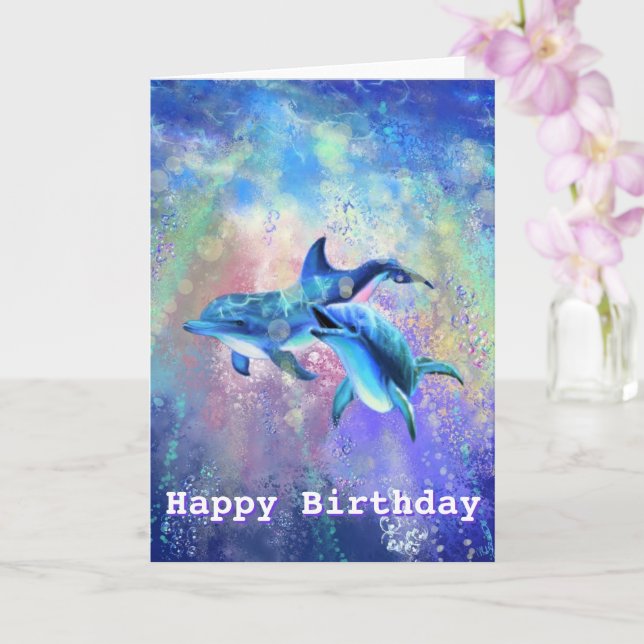 Happy Birthday Card Dolphin Couple - Name / Text Karte (Orchidee)