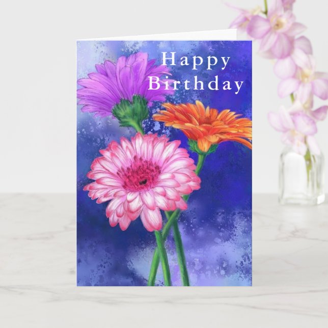 Happy Birthday Card Drei farbige Gerberas Blume Karte (Orchidee)