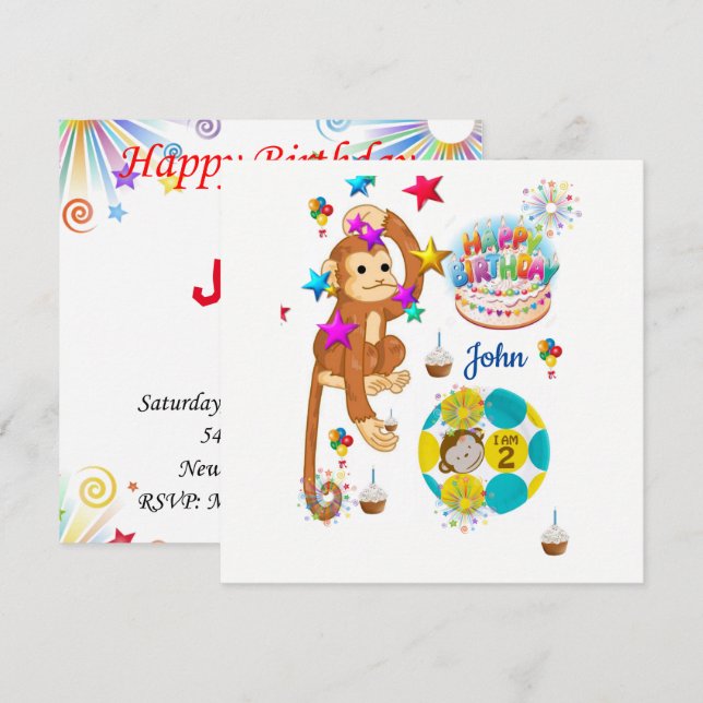 Happy Birthday Card Einladung Affe Zwei Jahre alt (Vorne/Hinten)