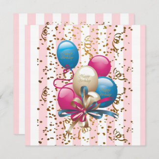 Happy Birthday Card Einladung BalloonsStripe Pink
