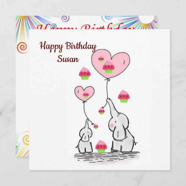 Happy Birthday Card Einladung Elephant (Vorne/Hinten)