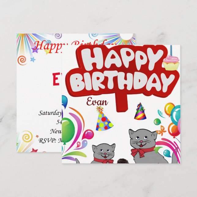 Happy Birthday Card Einladung Katzen (Vorne/Hinten)