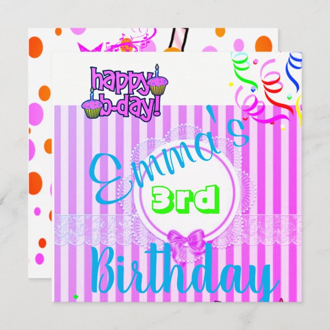 Happy Birthday Card Einladung Lila Stripe Polka (Vorne/Hinten)