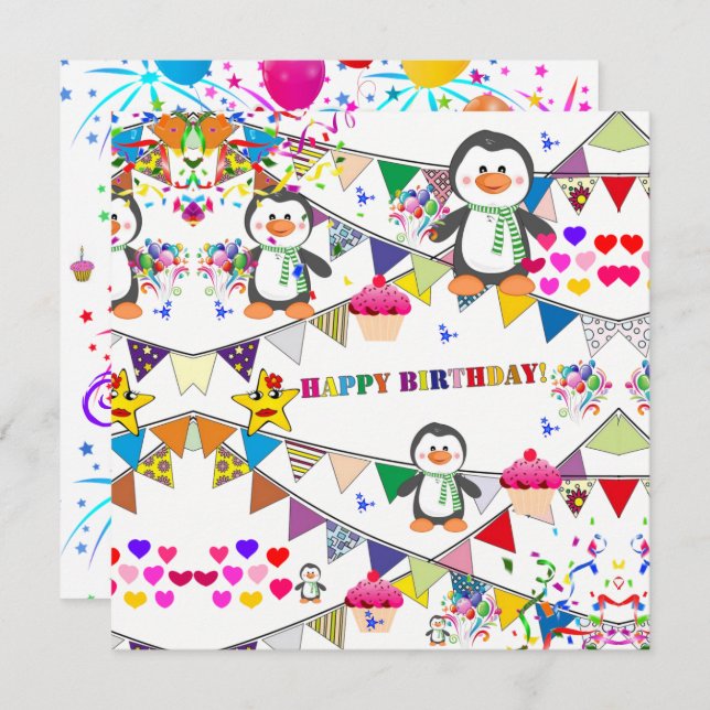 Happy Birthday Card Einladung Pinguin (Vorne/Hinten)