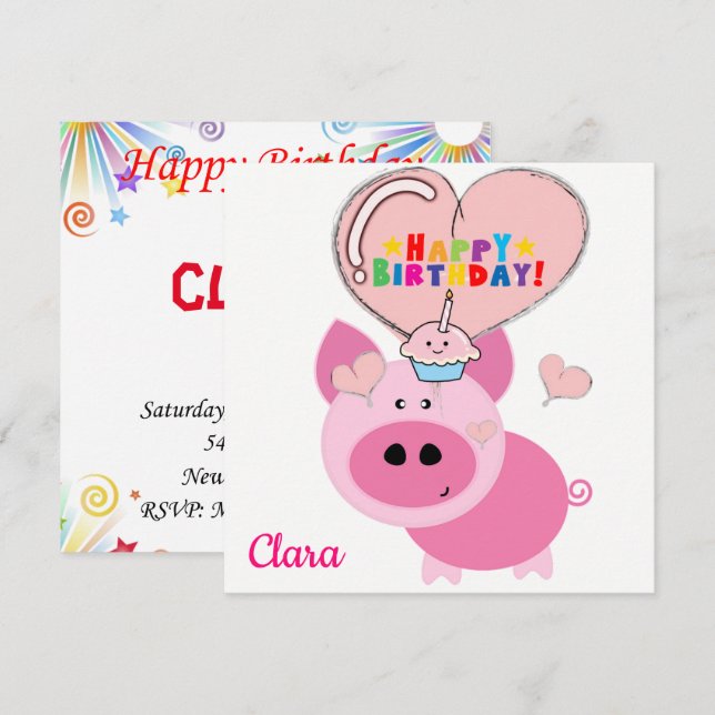 Happy Birthday Card Einladung Pink Pig (Vorne/Hinten)