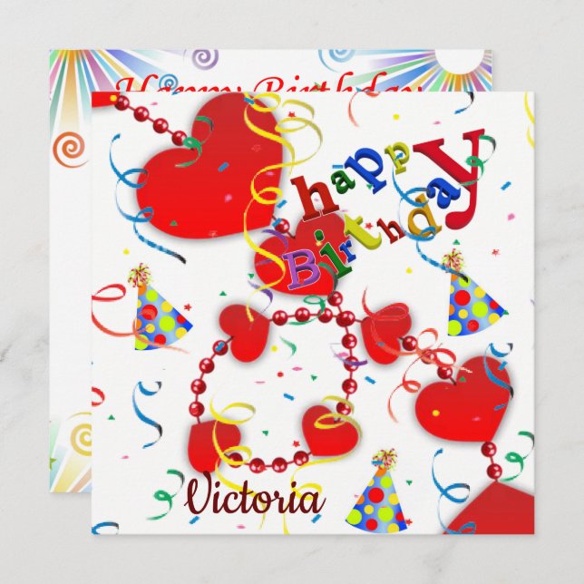 Happy Birthday Card Einladung Rote Herzen (Vorne/Hinten)