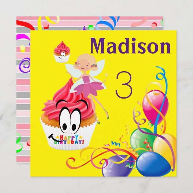 Happy Birthday Card Einladung Stripe FairyCupcake (Vorne/Hinten)