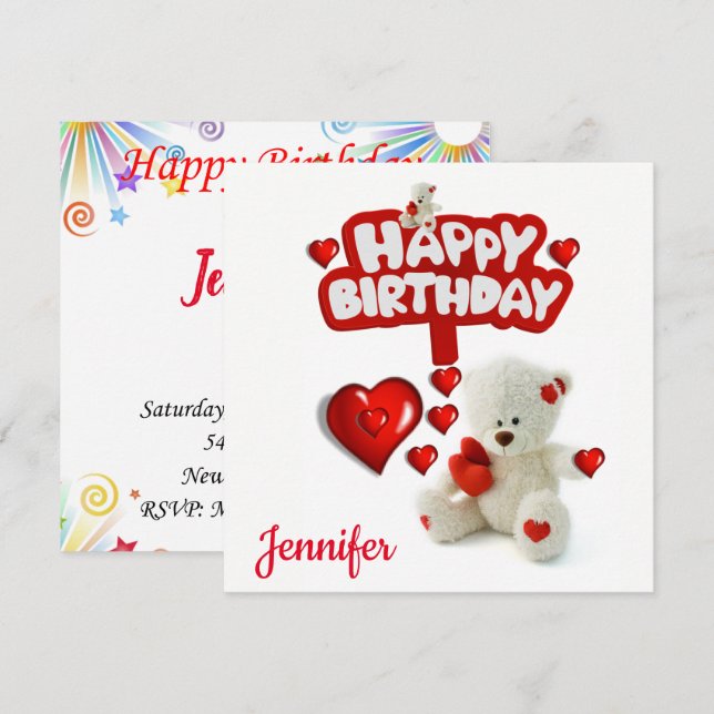 Happy Birthday Card Einladung White Teddy Bär (Vorne/Hinten)