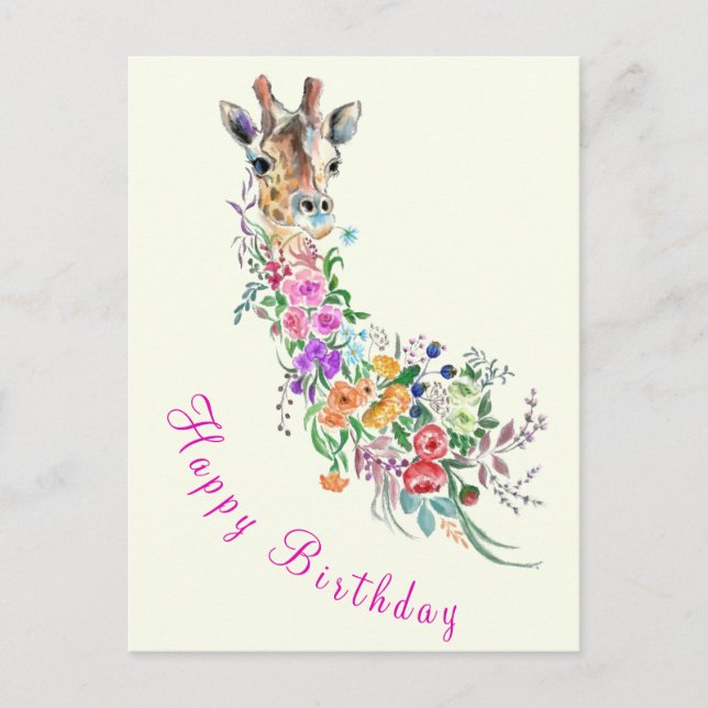 Happy Birthday Card Farbenfrohe Blume Giraffe Postkarte (Vorderseite)