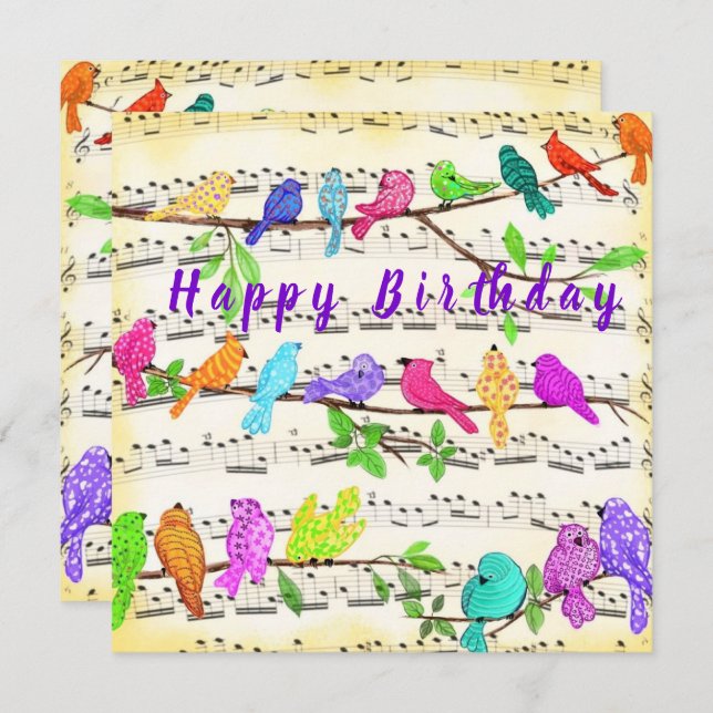 Happy Birthday Card farbenfrohe Musik Birds Song (Vorne/Hinten)