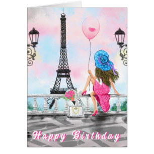 Happy Birthday Card Frau in Paris Eiffelturm