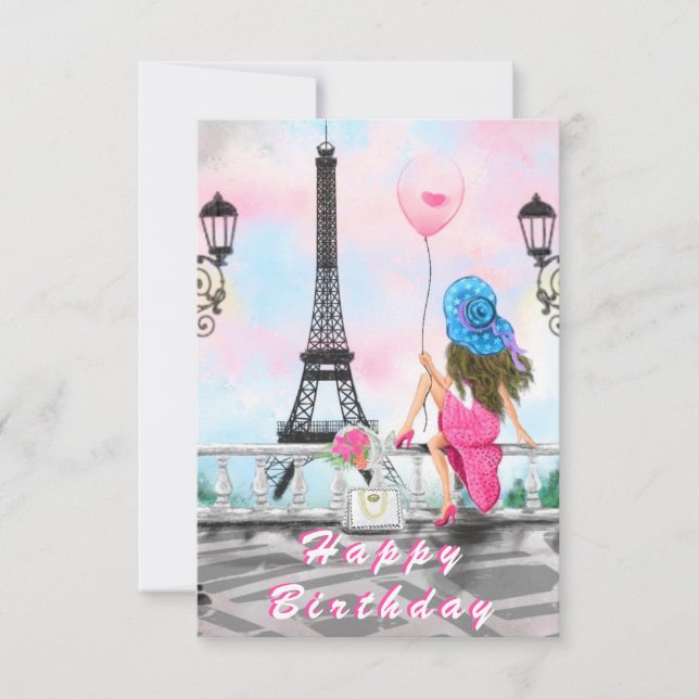 Happy Birthday Card Frau in Paris Eiffelturm Karte (Vorderseite)