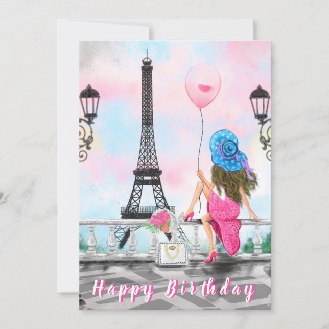 Happy Birthday Card Frau mit Ballon in Paris (Vorderseite)