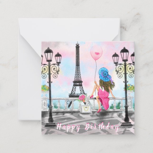 Happy Birthday Card Frau mit Ballon in Paris Mitteilungskarte (Vorderseite)
