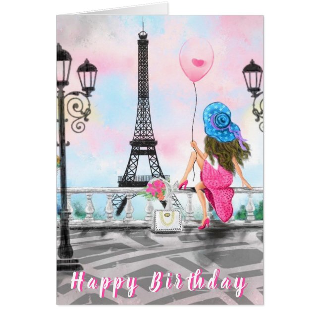 Happy Birthday Card Frau mit Pink Balloon (Vorne)
