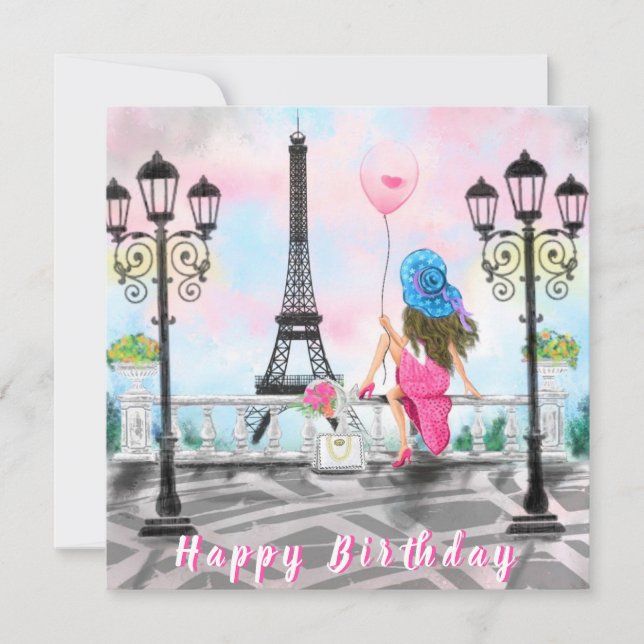 Happy Birthday Card Frau mit Pink Balloon Karte (Vorderseite)