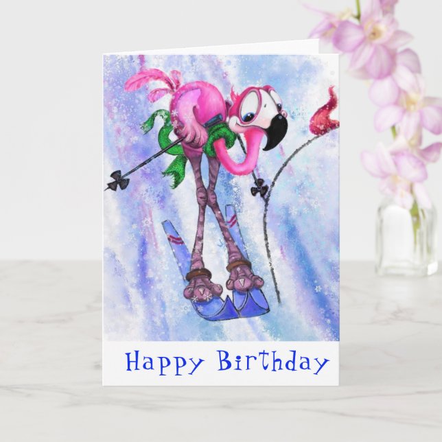 Happy Birthday Card Funny Pink Flamingo Skier Karte (Orchidee)
