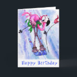 Happy Birthday Card Funny Pink Flamingo Skier Karte<br><div class="desc">Glücklich zum Geburtstag - Funny Pink Flamingo Skier - Cartoon Zeichnend Comic Spaß glücklicher Vogel - Wählen / Fügen Sie Ihren einzigartigen Text / Name / Farbe - Make your Special Card - Neu vergrössern und verschieben oder entfernen und fügen Sie Elemente / Bild mit Anpassungs-Tool! - Zeichn und Design...</div>