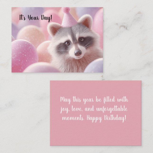 Happy Birthday Card "Funny Raccoon and Balloons" Mitteilungskarte (Vorne/Hinten)