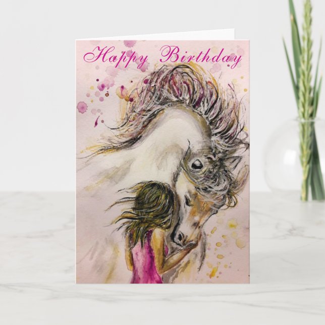 Happy Birthday Card Girl with Horse - Malerei Karte (Vorderseite)