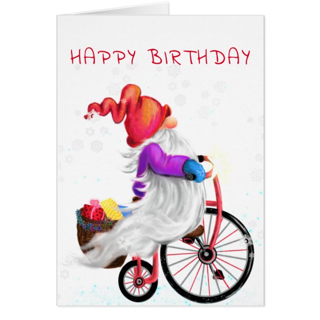 Happy Birthday Card Gnome mit Bike und Geschenken (Vorne)
